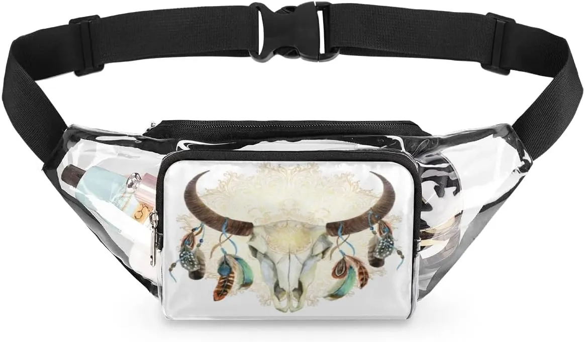 Animal Buffalo Skull Mandala Clear Fanny Pack Stadium Approved Clear Crossbody Belt Bag for Women Men Transparent Waist Bag with Adjustable Strap for Concerts Sports Events Travel