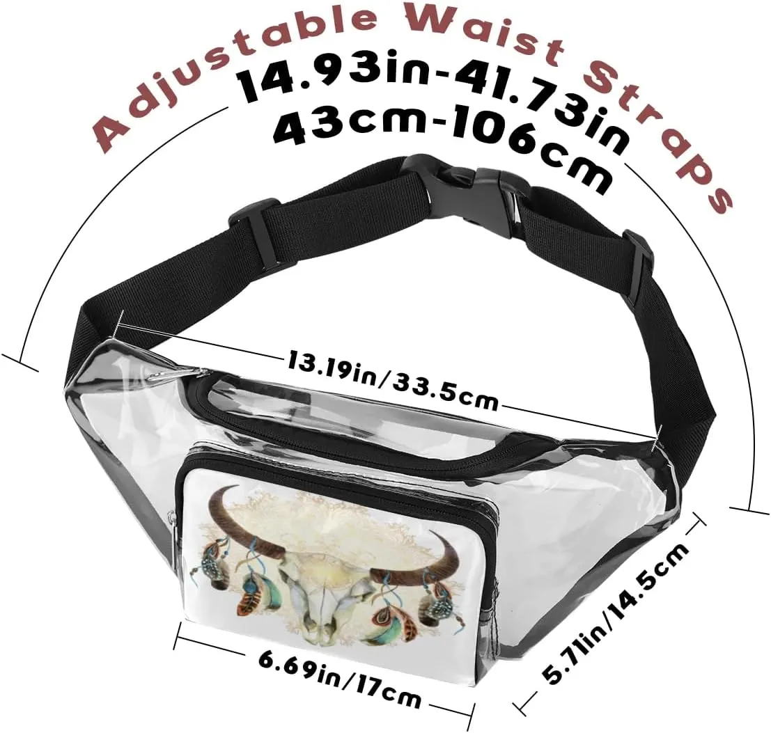 Animal Buffalo Skull Mandala Clear Fanny Pack Stadium Approved Clear Crossbody Belt Bag for Women Men Transparent Waist Bag with Adjustable Strap for Concerts Sports Events Travel