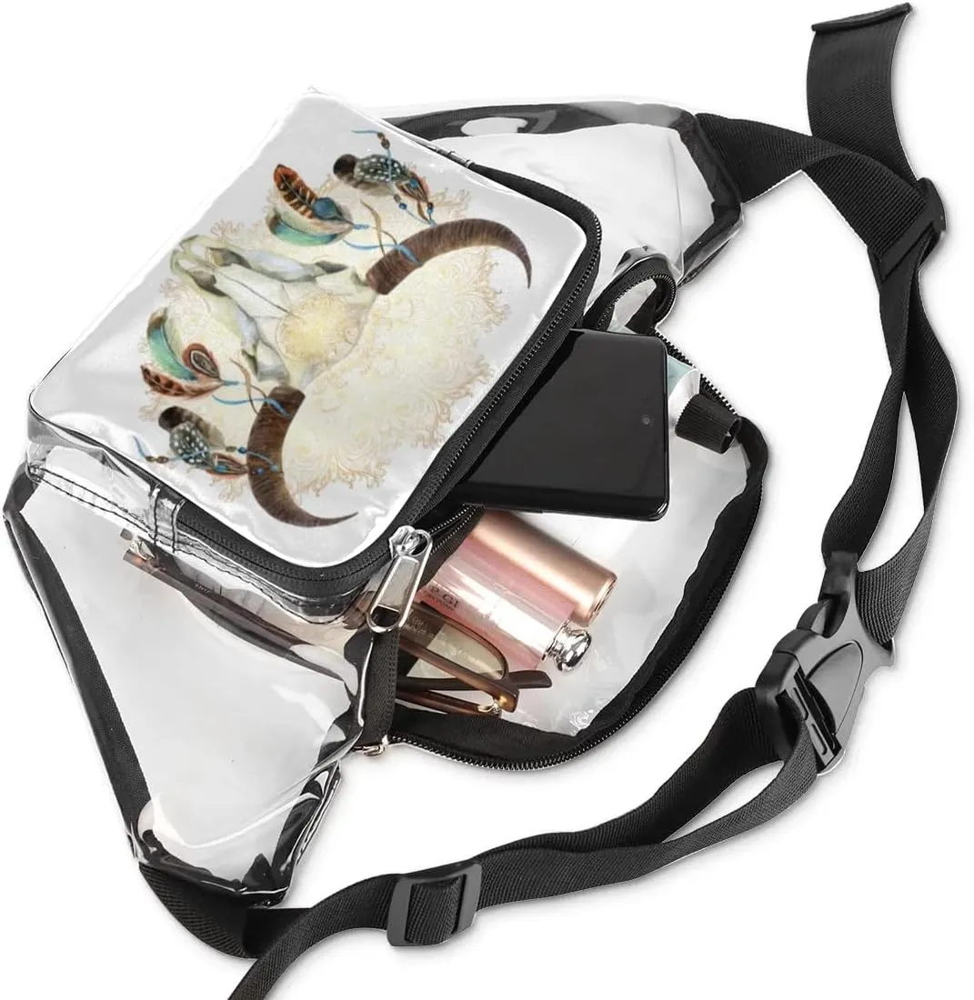 Animal Buffalo Skull Mandala Clear Fanny Pack Stadium Approved Clear Crossbody Belt Bag for Women Men Transparent Waist Bag with Adjustable Strap for Concerts Sports Events Travel