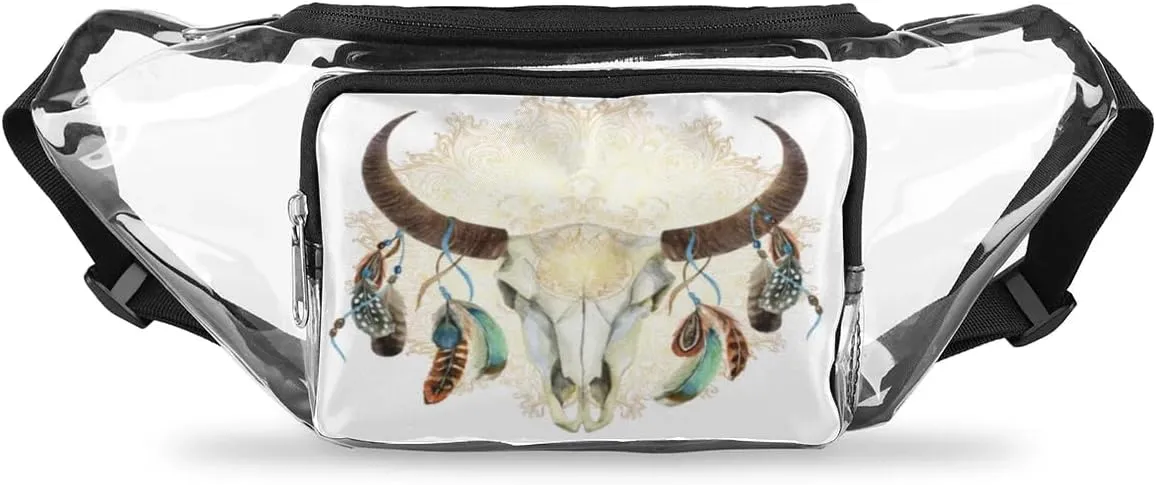Animal Buffalo Skull Mandala Clear Fanny Pack Stadium Approved Clear Crossbody Belt Bag for Women Men Transparent Waist Bag with Adjustable Strap for Concerts Sports Events Travel