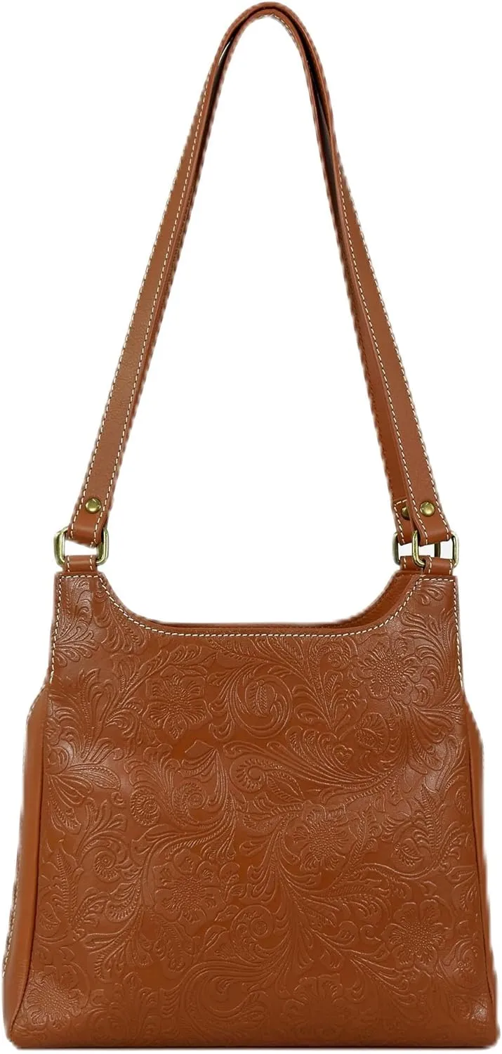 Anna by Anuschka Heritage Collection Women's Genuine Leather Triple Compartment Satchel - Floral Embossed Hazelnut