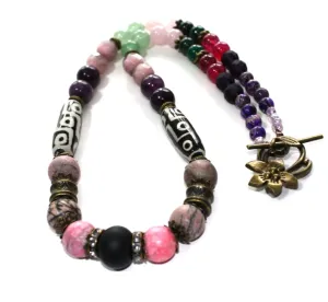 Antique Bronze Agate Tibetan Tubes, Rhodonite, multi-gemstone 21 inch Healing Necklace with Black Cultured Sea Glass Focal