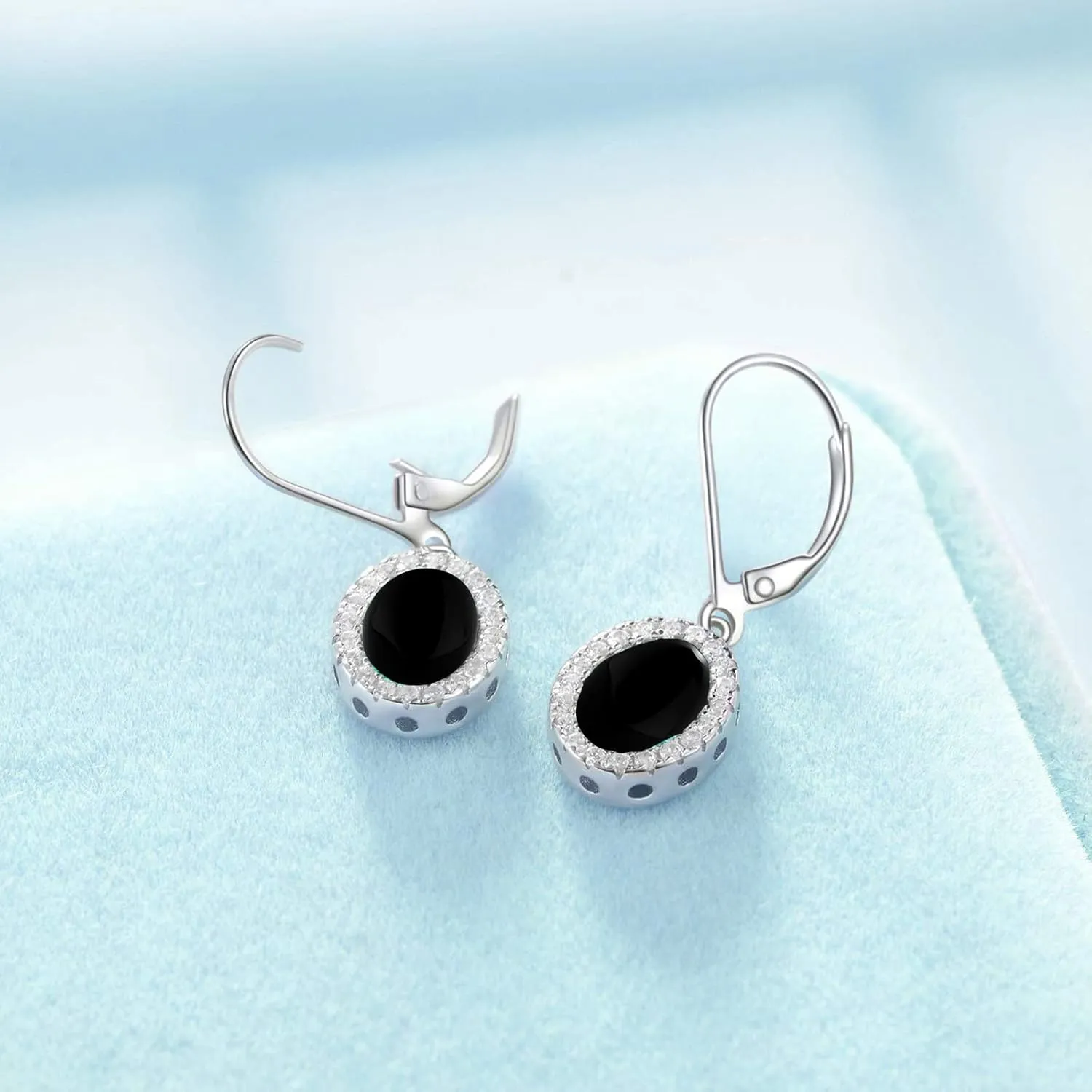 AOBOCO Oval Halo Sterling Silver Leverback Earrings, Embellished with Crystal from Austria, Hypoallergenic Dangle Drop Earrings, Fine Jewelry Gifts for Women