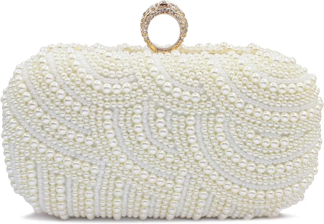 Aovtero Pearl Clutch Bag Bride Purse Women Wedding Prom Evening Bags Full Beaded Handbag with Chain