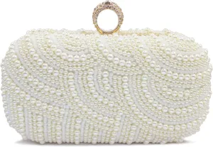Aovtero Pearl Clutch Bag Bride Purse Women Wedding Prom Evening Bags Full Beaded Handbag with Chain