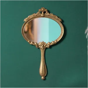APLUSH Gold Oval Vintage Hand Mirror, Wall Mirror Decorative Metal Mirror, Portable Handheld Mirror with Handle(A)