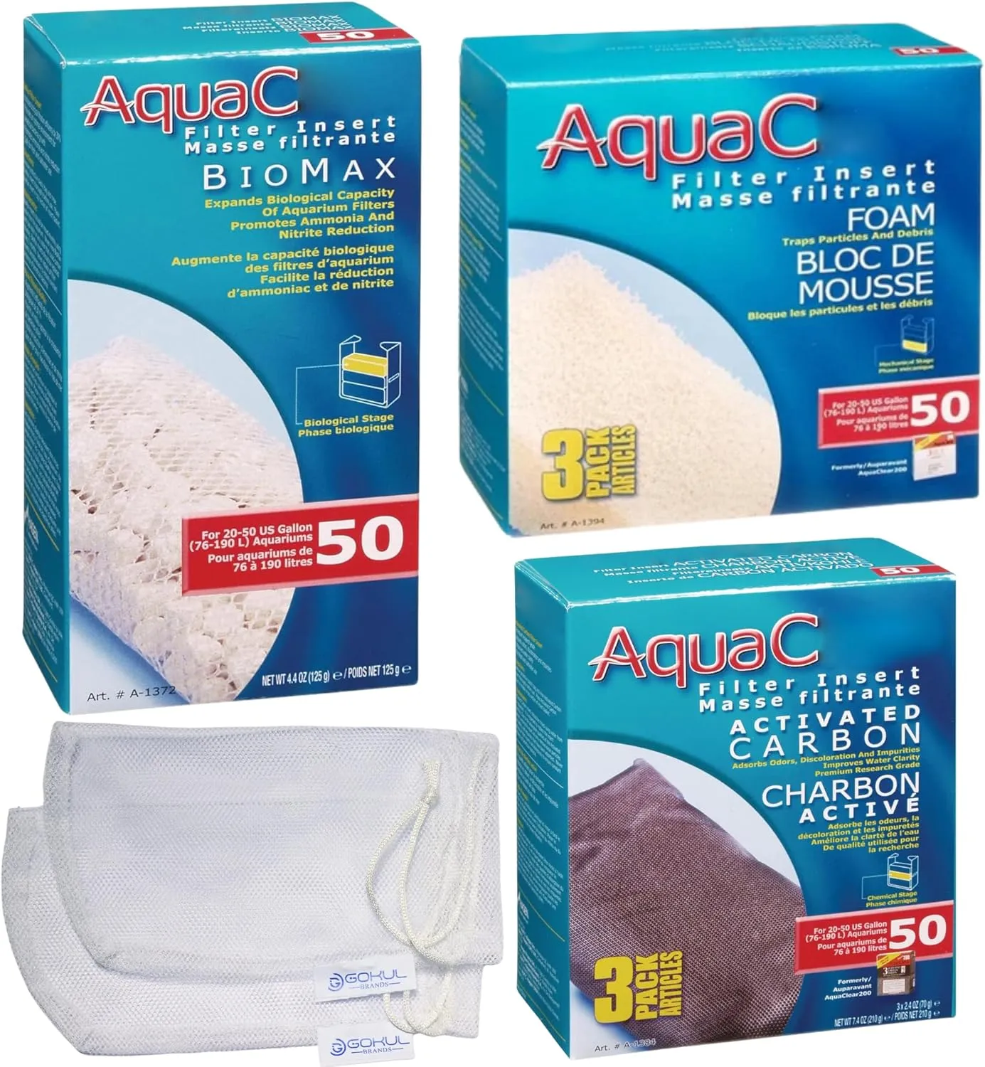 AquaClear 50 HOB Maintenance & Replacement Filter Media Kit, Including Gokul Brands Mesh Bags(AquaClear Activated Carbon, BioMax Media, Filter Foam Insert)