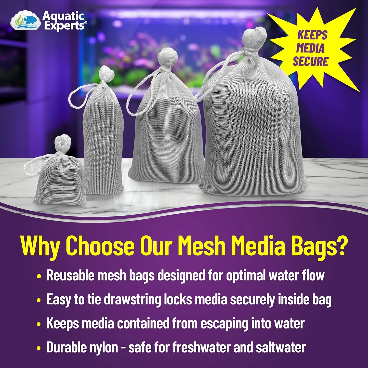 Aquatic Experts Fine Aquarium Media Bag, Durable Drawstring Bags for Fish Tank Filters, 450 Micron Mesh, (Fine, 3"x 8" - 8 Pack)