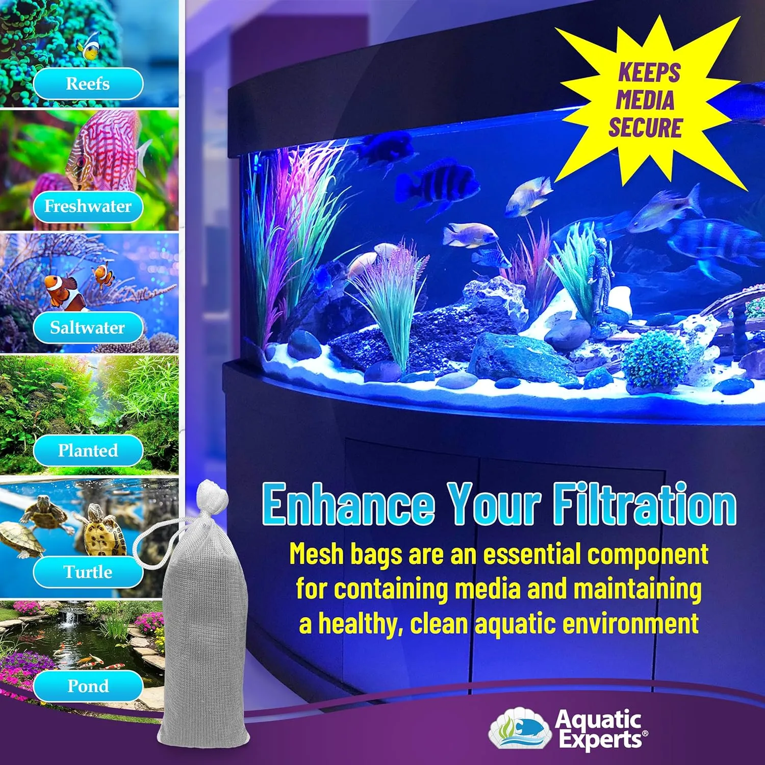Aquatic Experts Fine Aquarium Media Bag, Durable Drawstring Bags for Fish Tank Filters, 450 Micron Mesh, (Fine, 3"x 8" - 8 Pack)