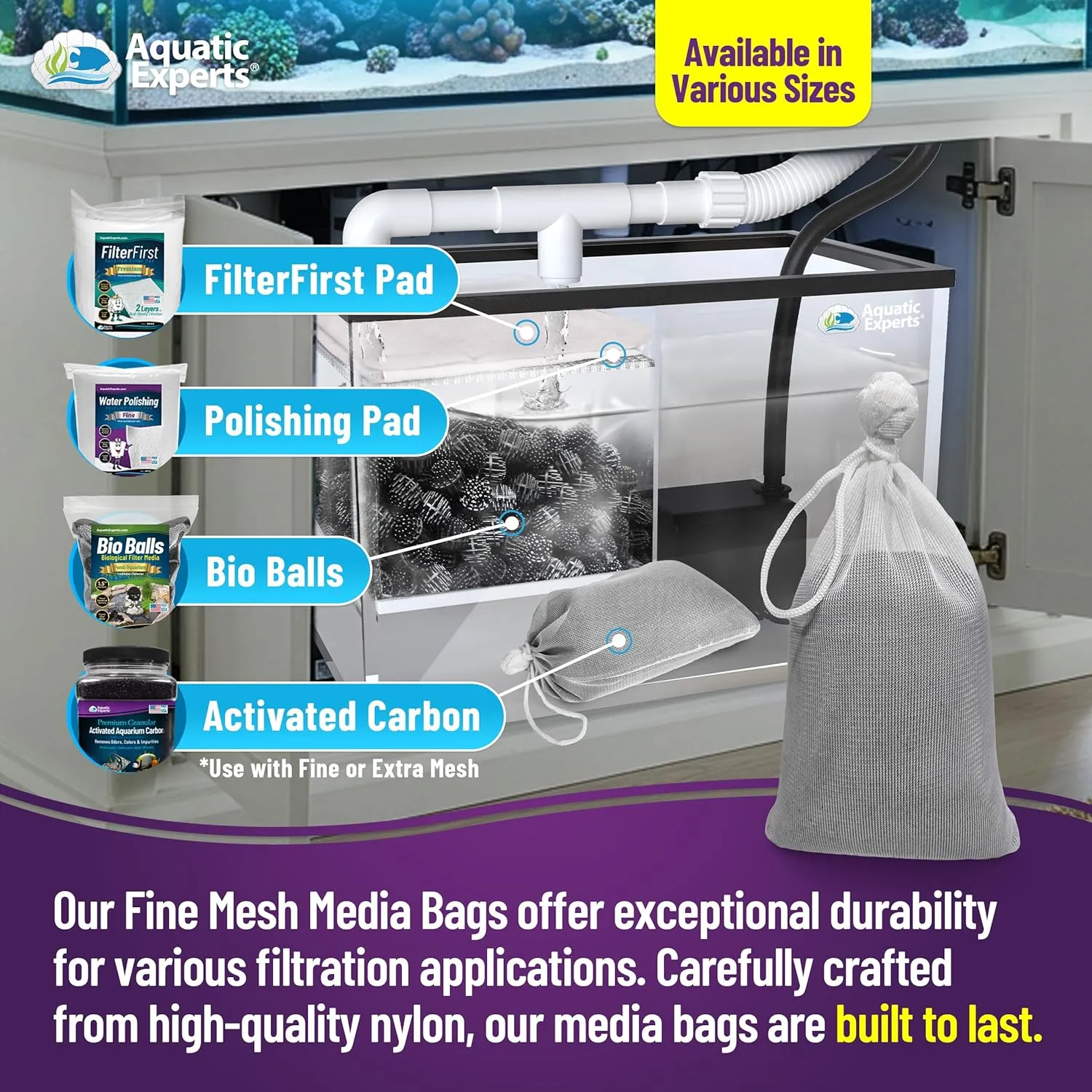 Aquatic Experts Fine Aquarium Media Bag, Durable Drawstring Bags for Fish Tank Filters, 450 Micron Mesh, (Fine, 3"x 8" - 8 Pack)