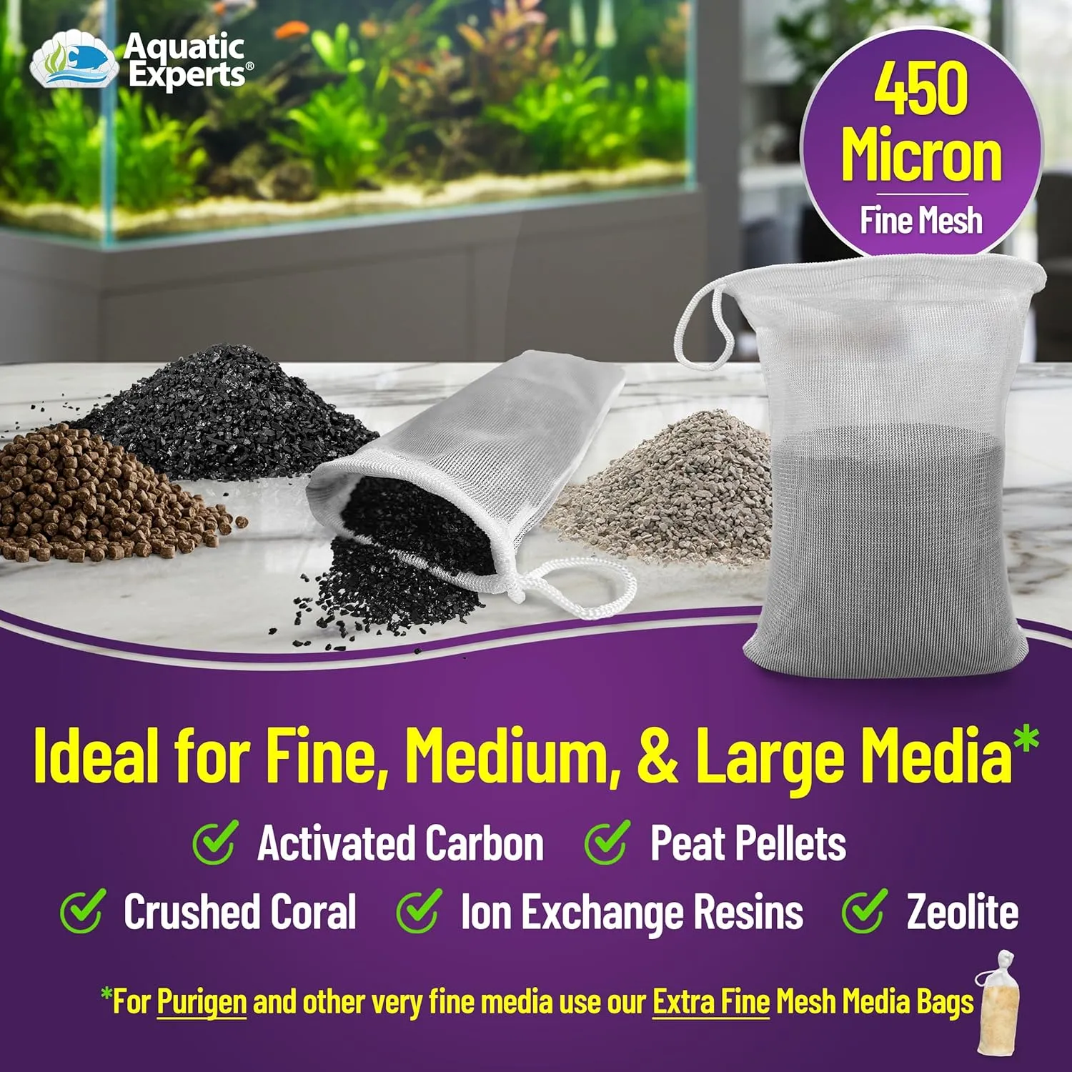 Aquatic Experts Fine Aquarium Media Bag, Durable Drawstring Bags for Fish Tank Filters, 450 Micron Mesh, (Fine, 3"x 8" - 8 Pack)