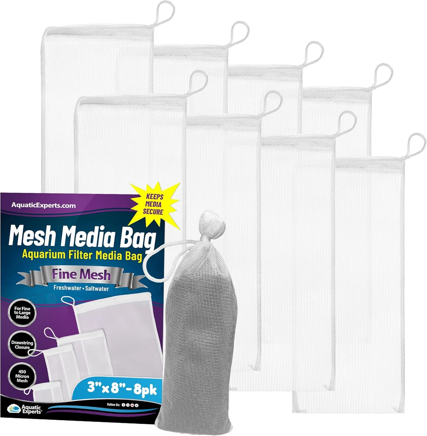 Aquatic Experts Fine Aquarium Media Bag, Durable Drawstring Bags for Fish Tank Filters, 450 Micron Mesh, (Fine, 3"x 8" - 8 Pack)