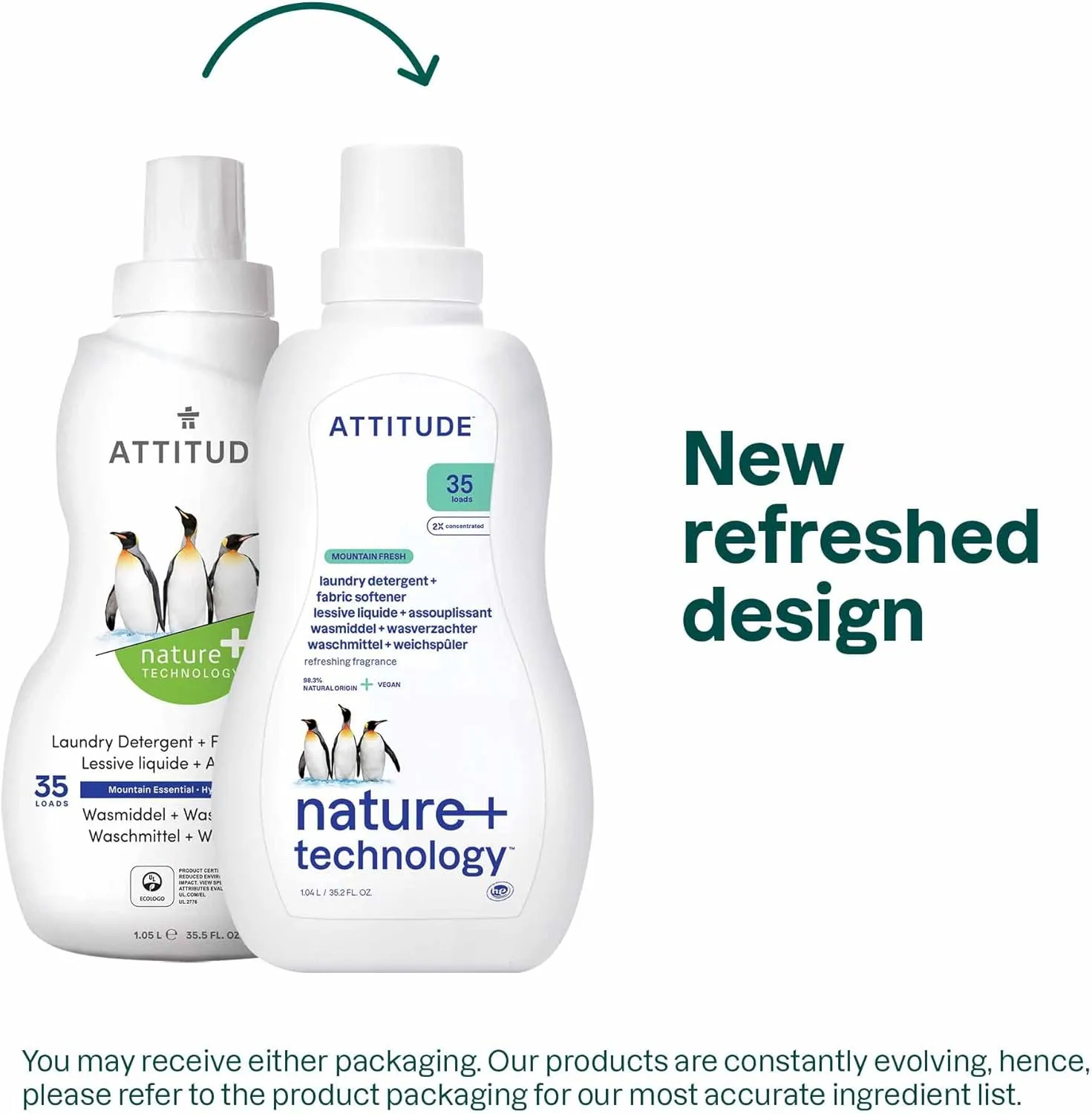 ATTITUDE 2-in-1 Laundry Detergent and Fabric Softener, Plant and Mineral-Based Ingredients, HE, Vegan and Cruelty-Free Household Products, Mountain Essentials, 35 Loads, 35.5 Fl Oz