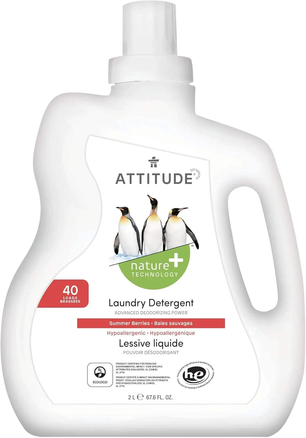 ATTITUDE Liquid Laundry Detergent, EWG Verified Laundry Soap, HE Compatible, Vegan and Plant Based Products, Cruelty-Free, Summer Berries, 40 Loads, 67.6 Fl Oz