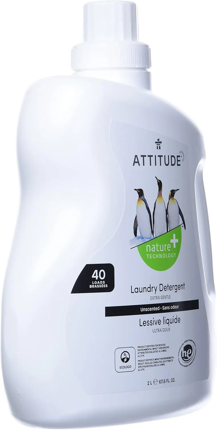 ATTITUDE Liquid Laundry Detergent, EWG Verified Laundry Soap, HE Compatible, Vegan and Plant Based Products, Cruelty-Free, Unscented, 40 Loads, 67.6 Fl Oz
