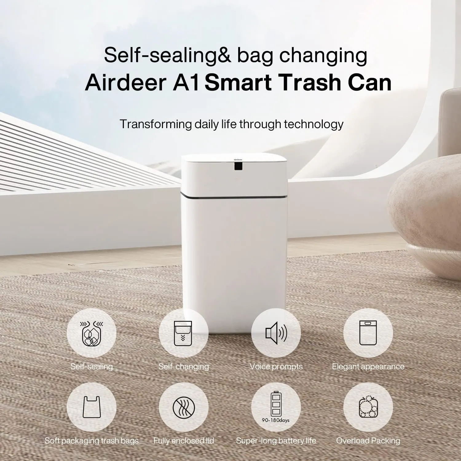 Automatic Trash Can, 4 Gallon Self Sealing and Self-Changing Smart Trash Can, Motion Sensor, Touchless Garbage can with lid for Kitchen Bathroom Bedroom, 6 Refill Rings(A1, Black Line)