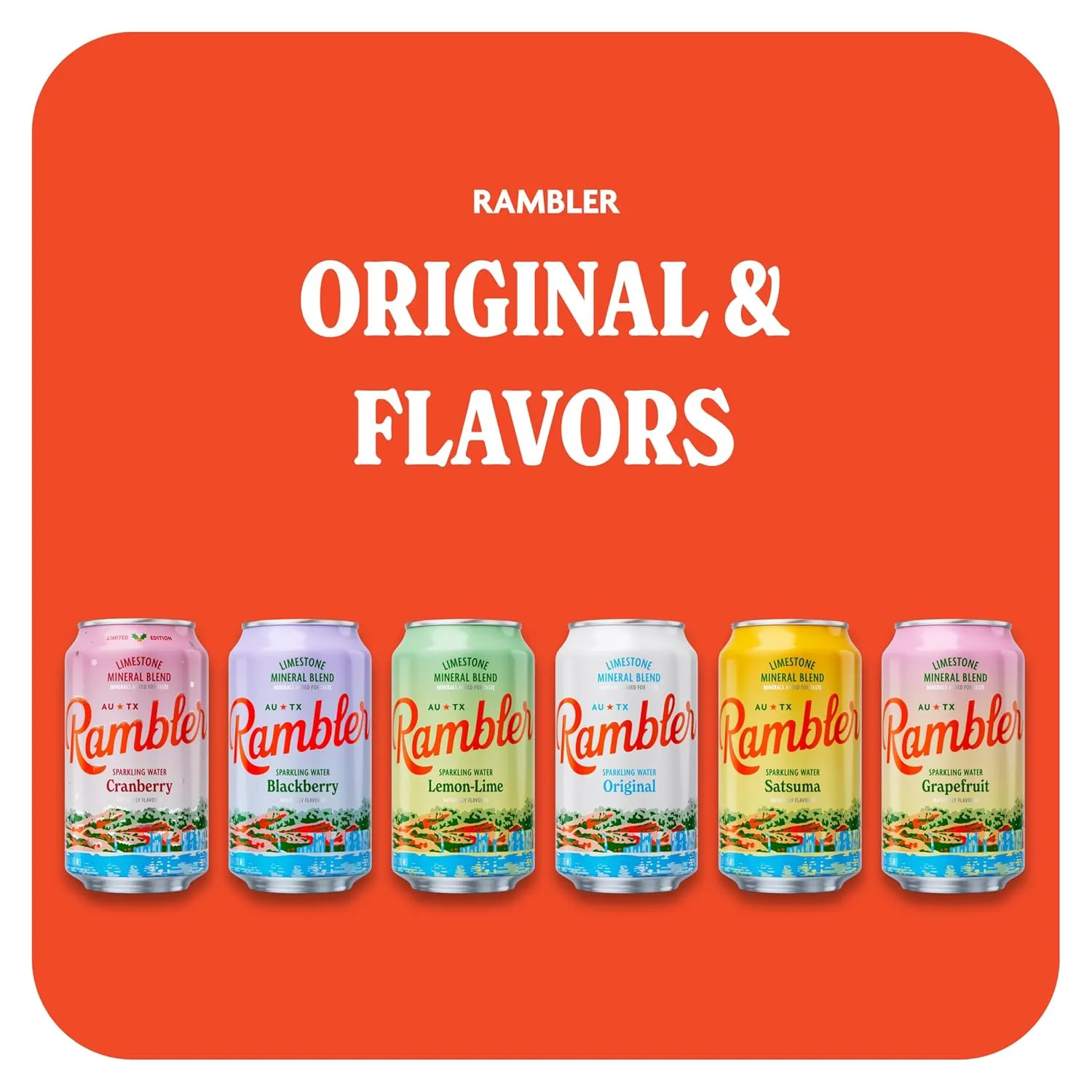 AUTX RAMBLER Sparkling Water, Texas Limestone Filtered, Original Natural Flavor, 12-Ounce Cans, Three 8-Packs (24 Cans)