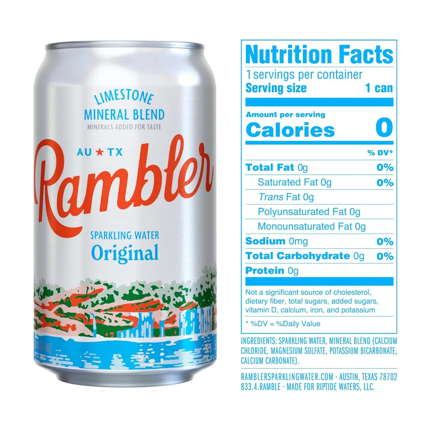 AUTX RAMBLER Sparkling Water, Texas Limestone Filtered, Original Natural Flavor, 12-Ounce Cans, Three 8-Packs (24 Cans)