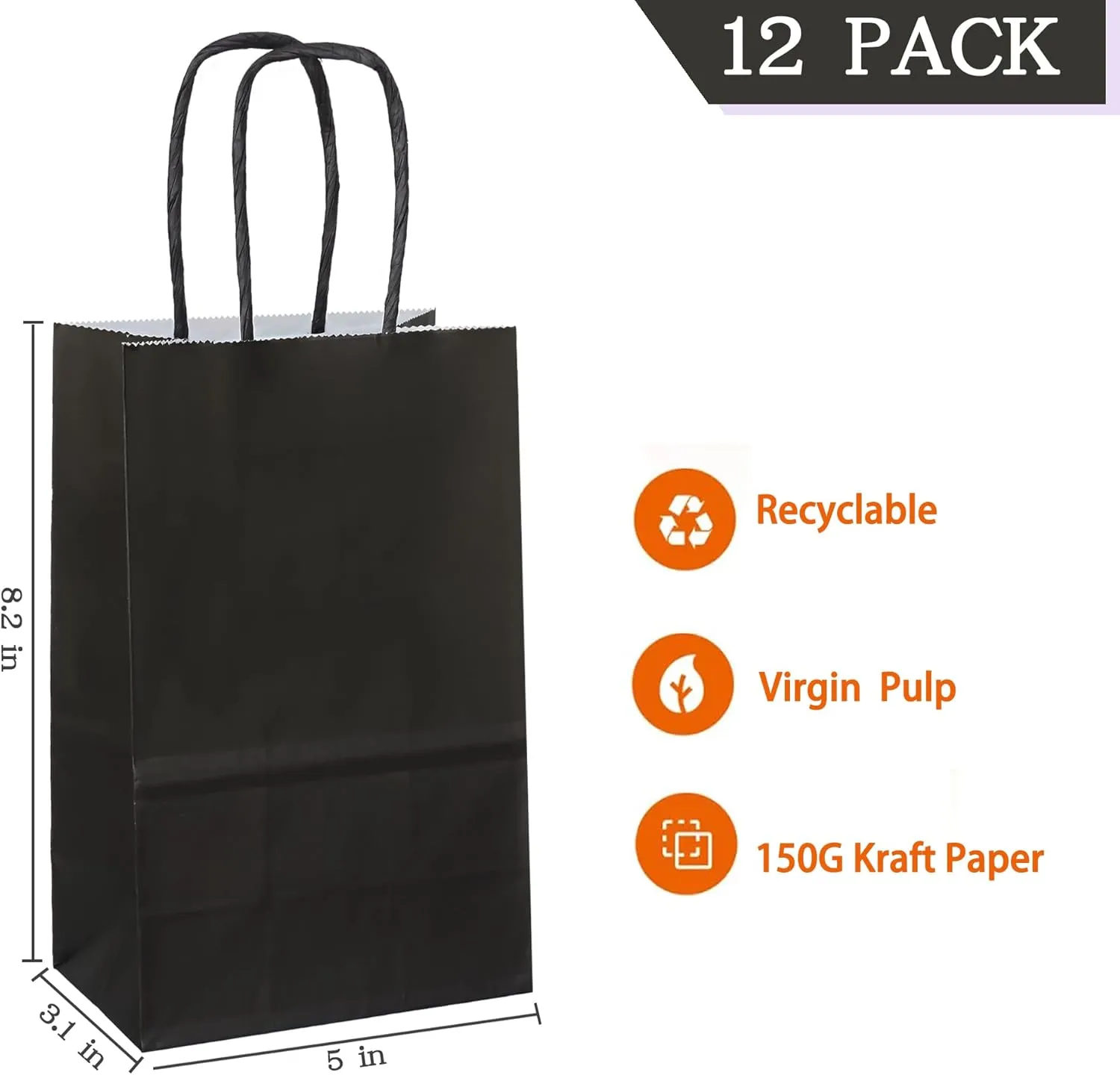 AZOWA Gift Bags Black Kraft Paper Bags with Handles (Black, 12 Pcs, 5 x 3.1 x 8.2 in)