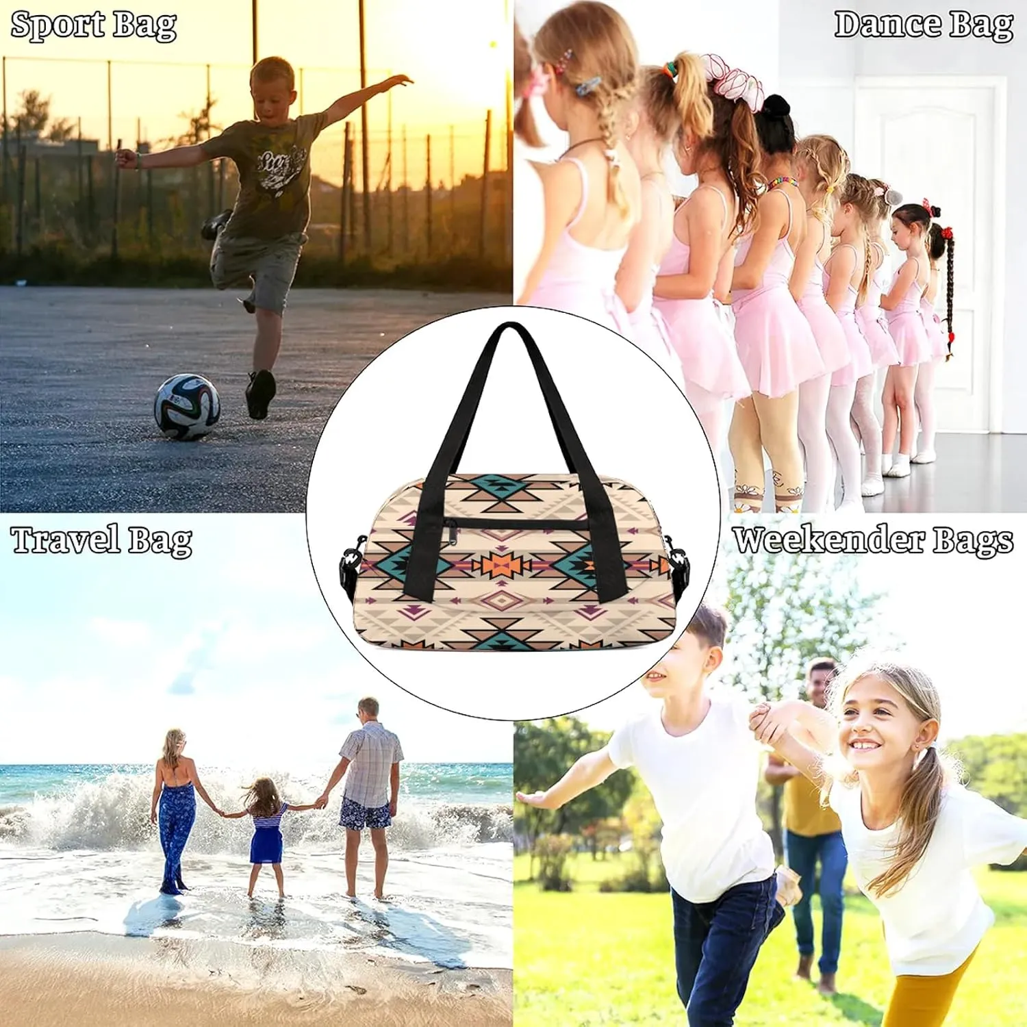 Aztec Tribe Geometric Pattern Kids Duffel Bag Lightweight Waterproof Sports Gym Bag with Front Zipper Pocket Foldable Weekender Overnight Bag for School Practice Gymnastic Ballet