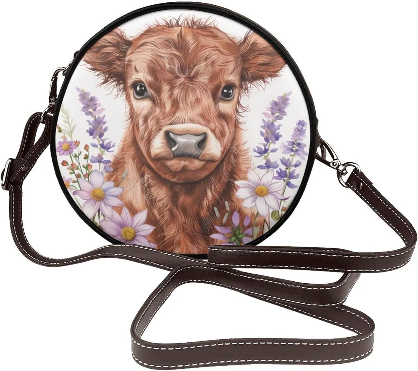 Baby Highland Calf Women Round Crossbody Bags Leather Sling Bag Purse