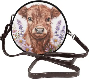 Baby Highland Calf Women Round Crossbody Bags Leather Sling Bag Purse