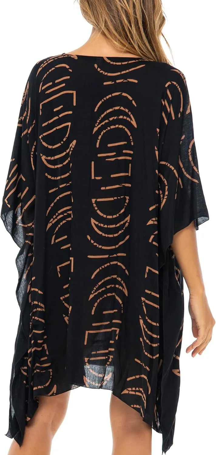 Back From Bali Womens Swimsuit Cover Up Short Poncho Print Pullover Beach Caftan for Bathing Suit