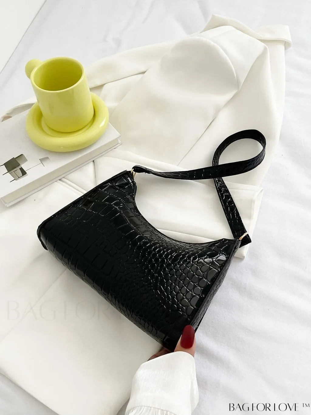 BagForLove - Crocodile-Embossed Khaki Baguette: Sleek and Compact Design
