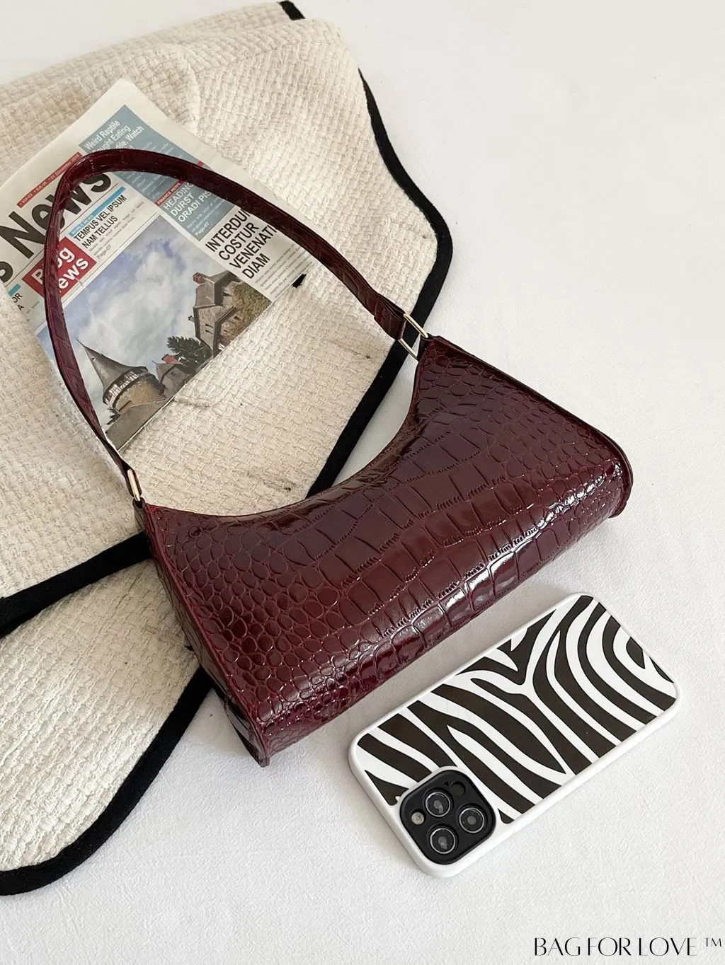 BagForLove - Crocodile-Embossed Khaki Baguette: Sleek and Compact Design