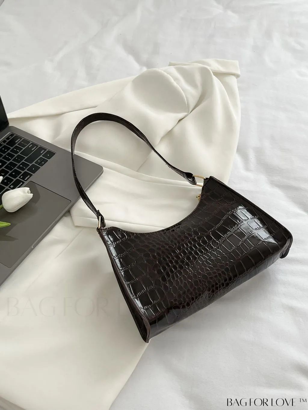 BagForLove - Crocodile-Embossed Khaki Baguette: Sleek and Compact Design