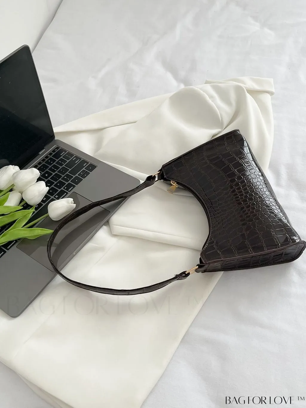 BagForLove - Crocodile-Embossed Khaki Baguette: Sleek and Compact Design