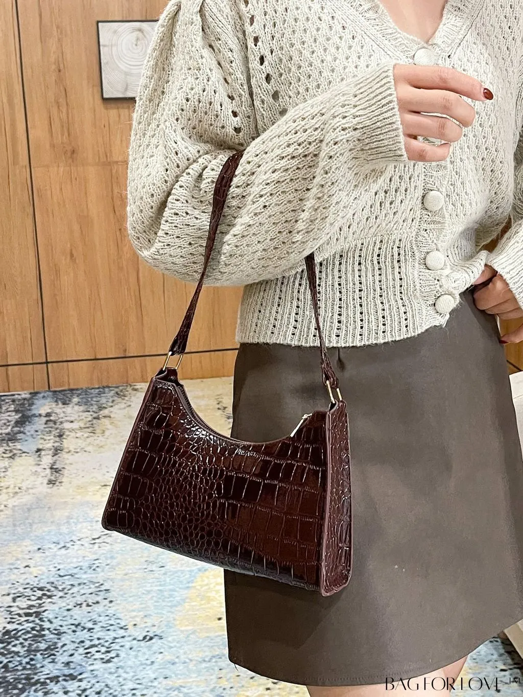 BagForLove - Crocodile-Embossed Khaki Baguette: Sleek and Compact Design