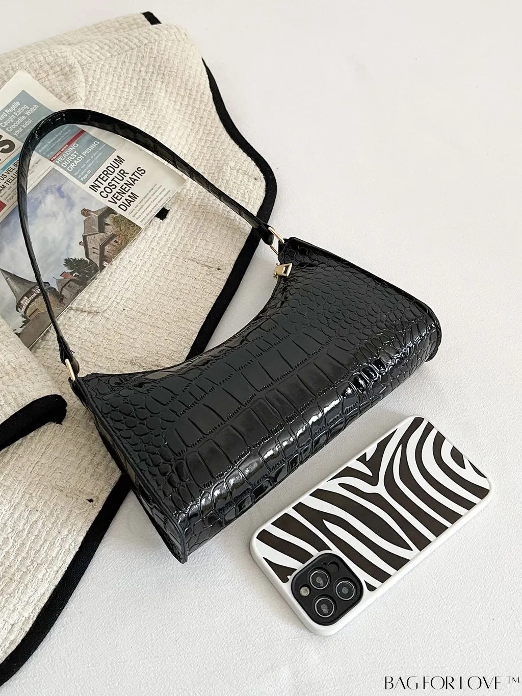 BagForLove - Crocodile-Embossed Khaki Baguette: Sleek and Compact Design
