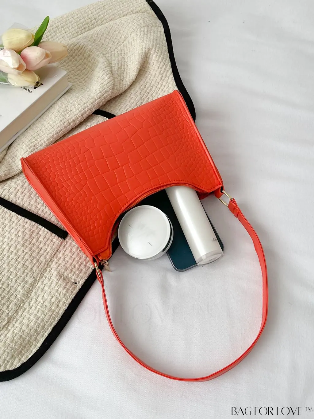BagForLove - Crocodile-Embossed Khaki Baguette: Sleek and Compact Design