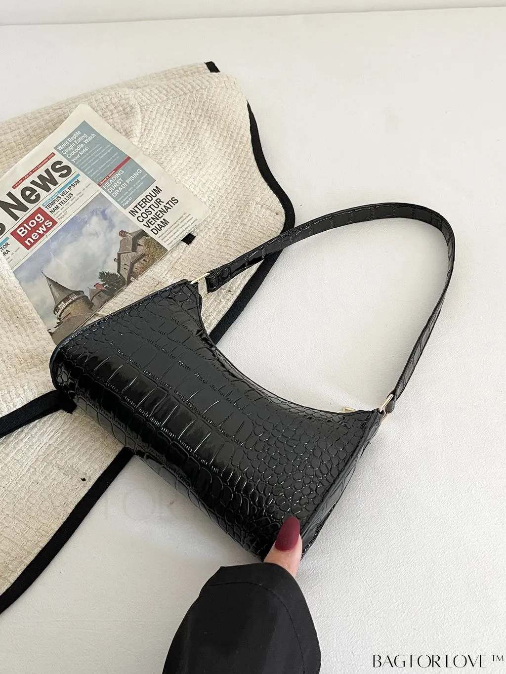 BagForLove - Crocodile-Embossed Khaki Baguette: Sleek and Compact Design