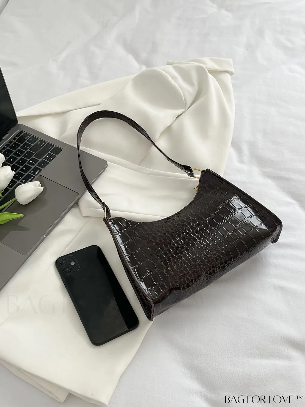 BagForLove - Crocodile-Embossed Khaki Baguette: Sleek and Compact Design
