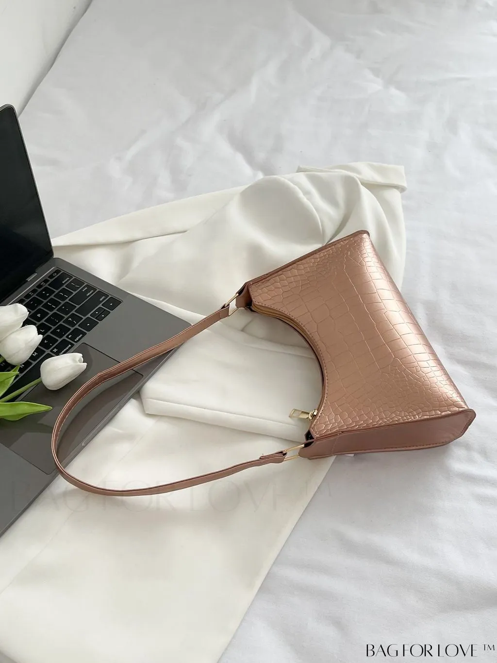 BagForLove - Crocodile-Embossed Khaki Baguette: Sleek and Compact Design