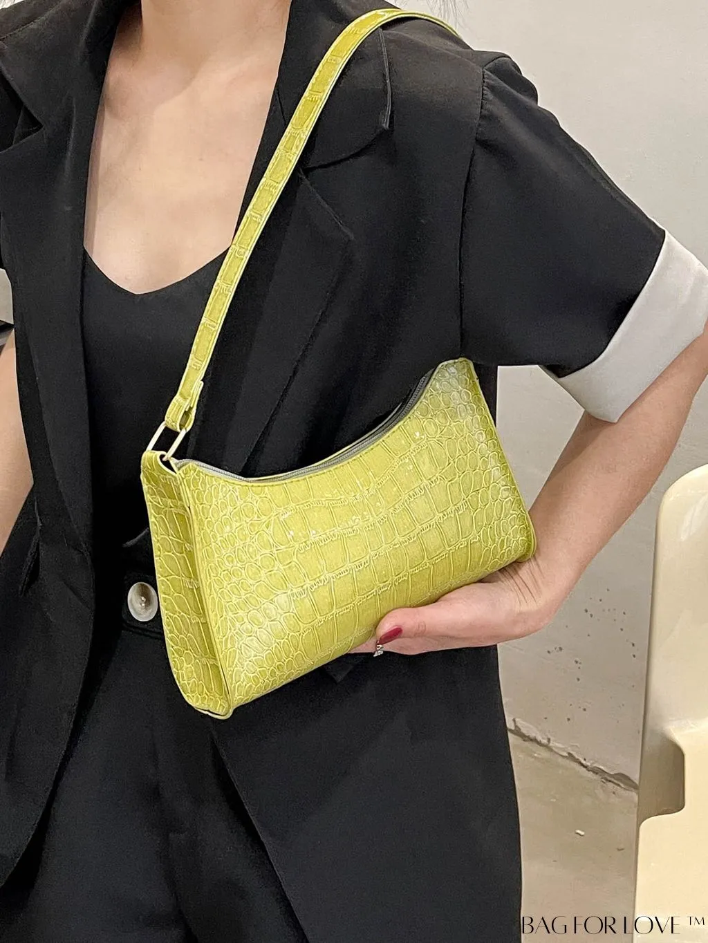 BagForLove - Crocodile-Embossed Khaki Baguette: Sleek and Compact Design