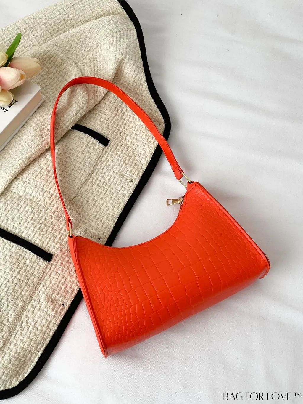 BagForLove - Crocodile-Embossed Khaki Baguette: Sleek and Compact Design