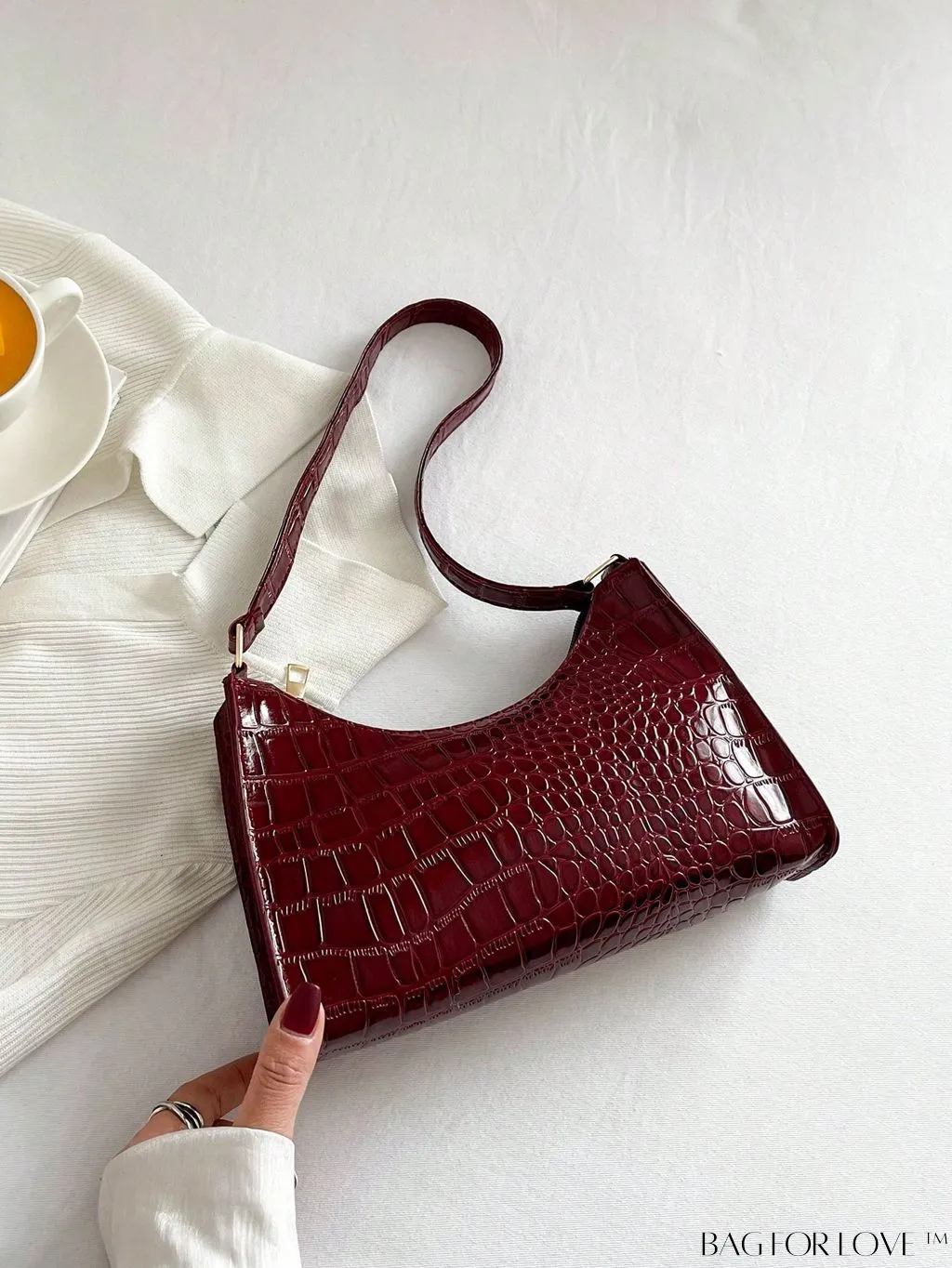 BagForLove - Crocodile-Embossed Khaki Baguette: Sleek and Compact Design