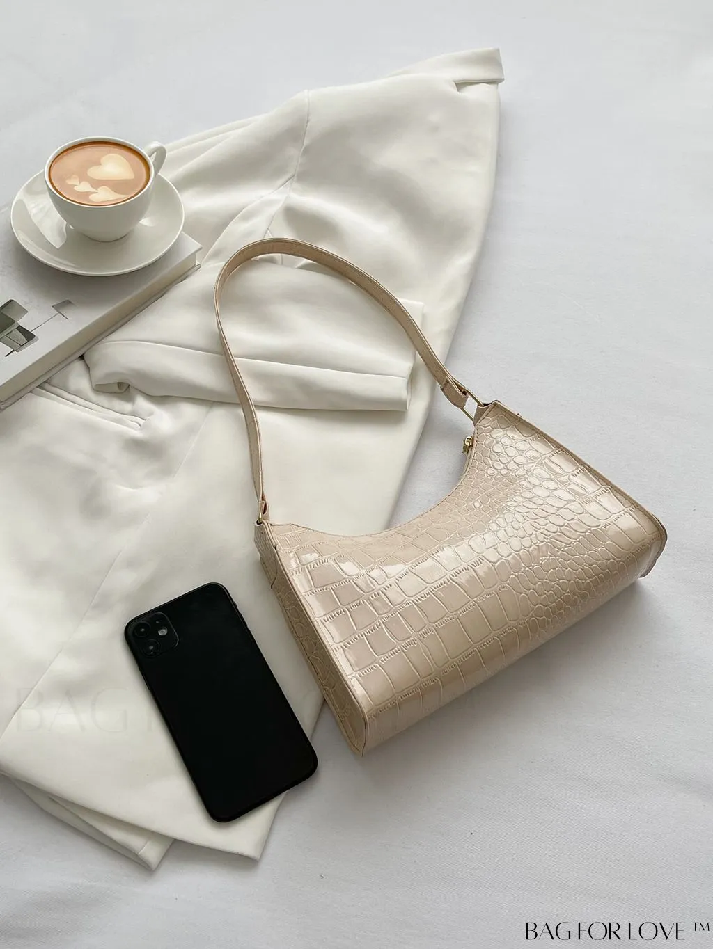 BagForLove - Crocodile-Embossed Khaki Baguette: Sleek and Compact Design