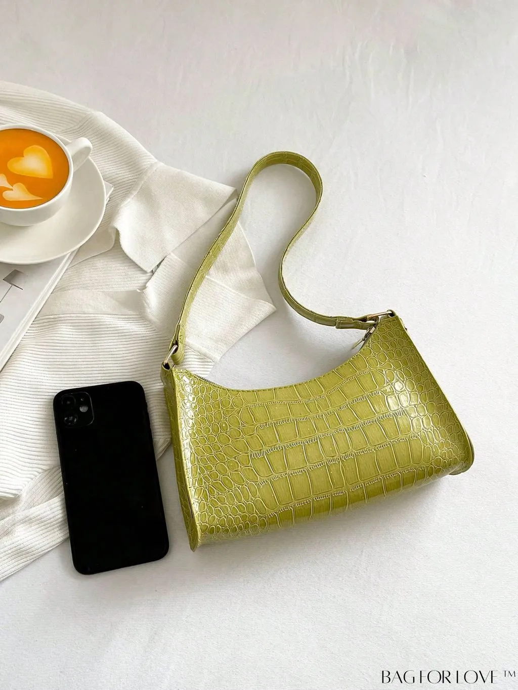 BagForLove - Crocodile-Embossed Khaki Baguette: Sleek and Compact Design