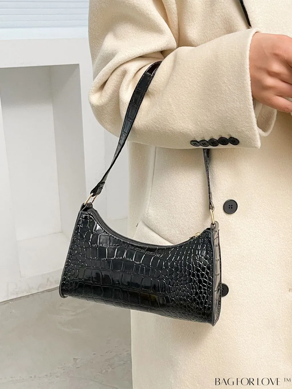 BagForLove - Crocodile-Embossed Khaki Baguette: Sleek and Compact Design