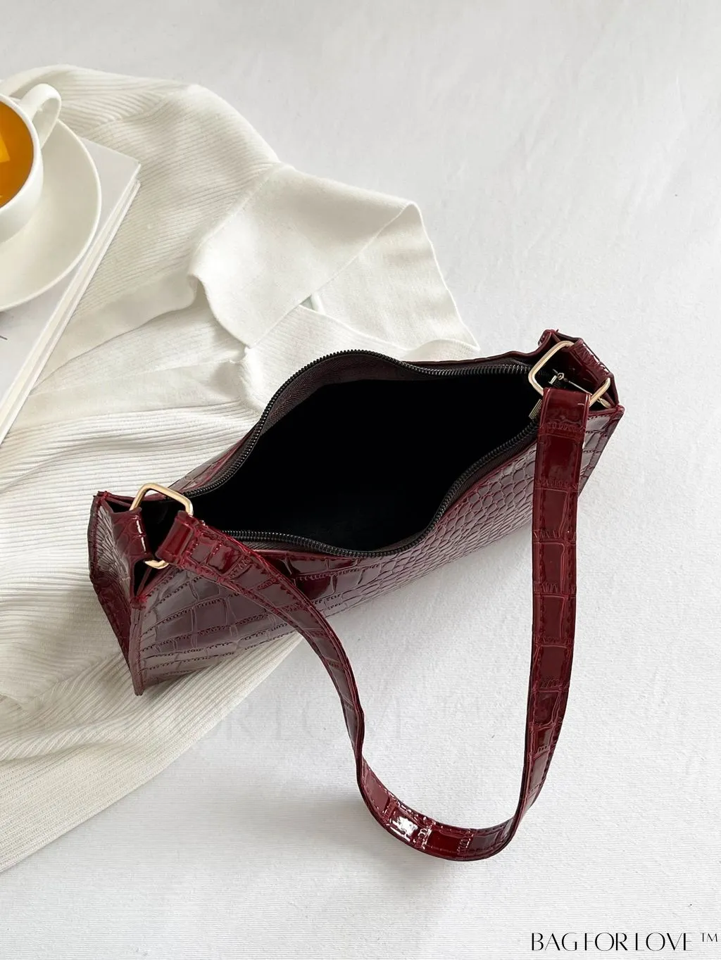 BagForLove - Crocodile-Embossed Khaki Baguette: Sleek and Compact Design
