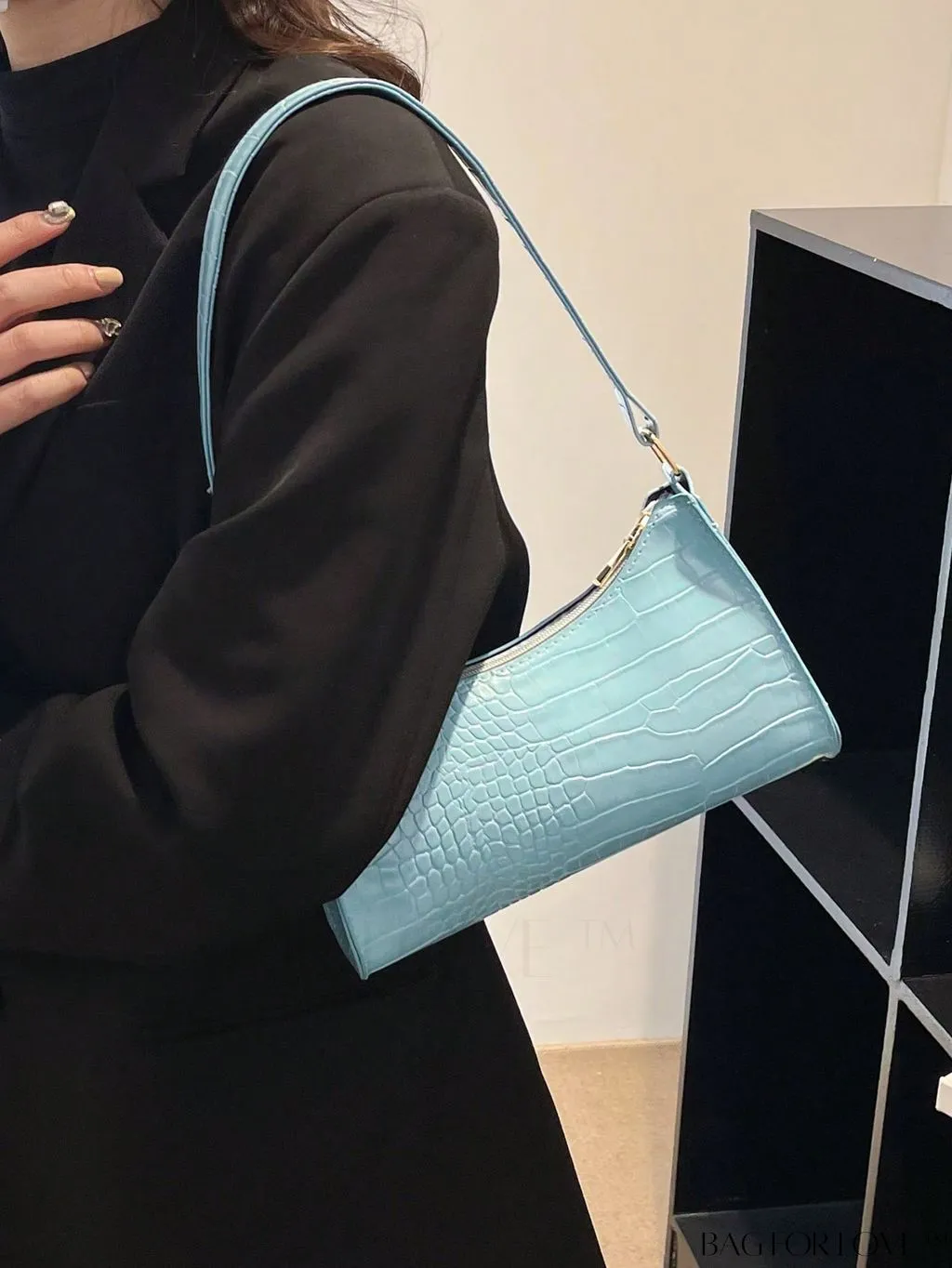 BagForLove - Crocodile-Embossed Khaki Baguette: Sleek and Compact Design