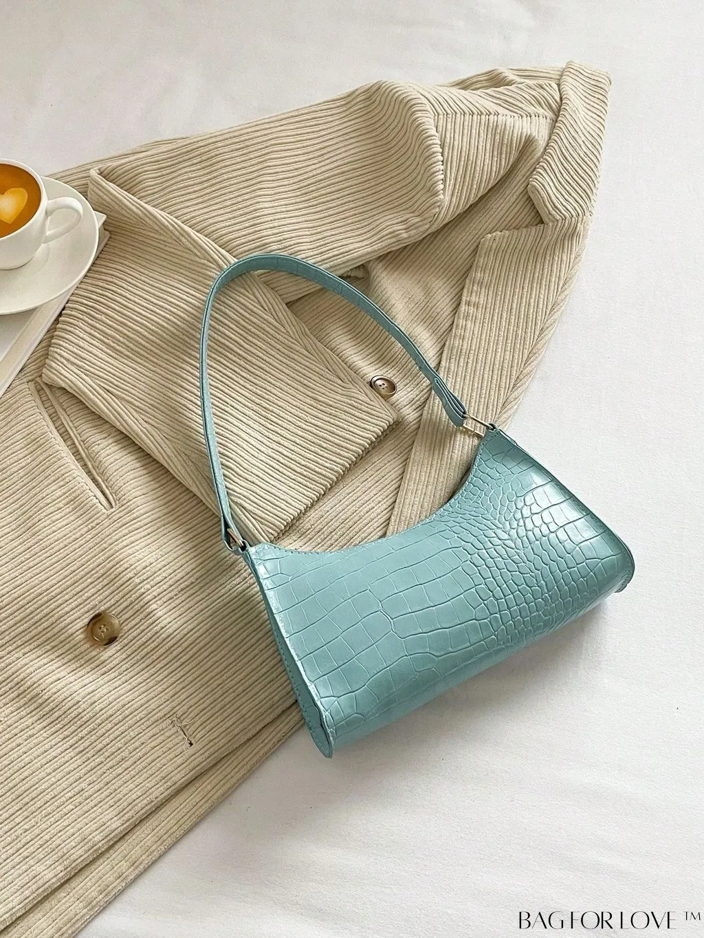BagForLove - Crocodile-Embossed Khaki Baguette: Sleek and Compact Design