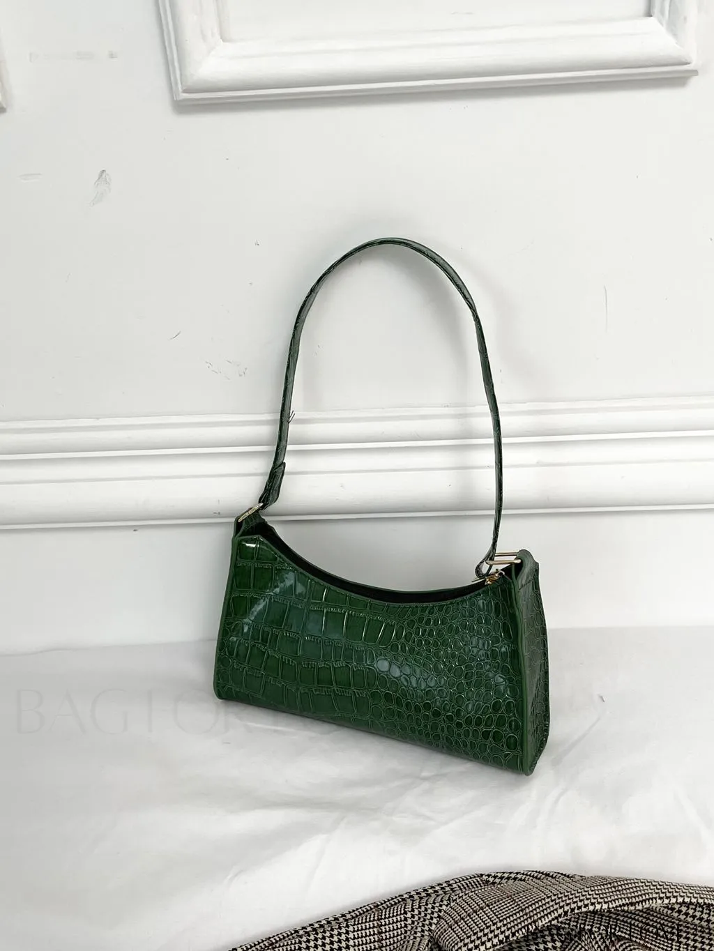 BagForLove - Crocodile-Embossed Khaki Baguette: Sleek and Compact Design