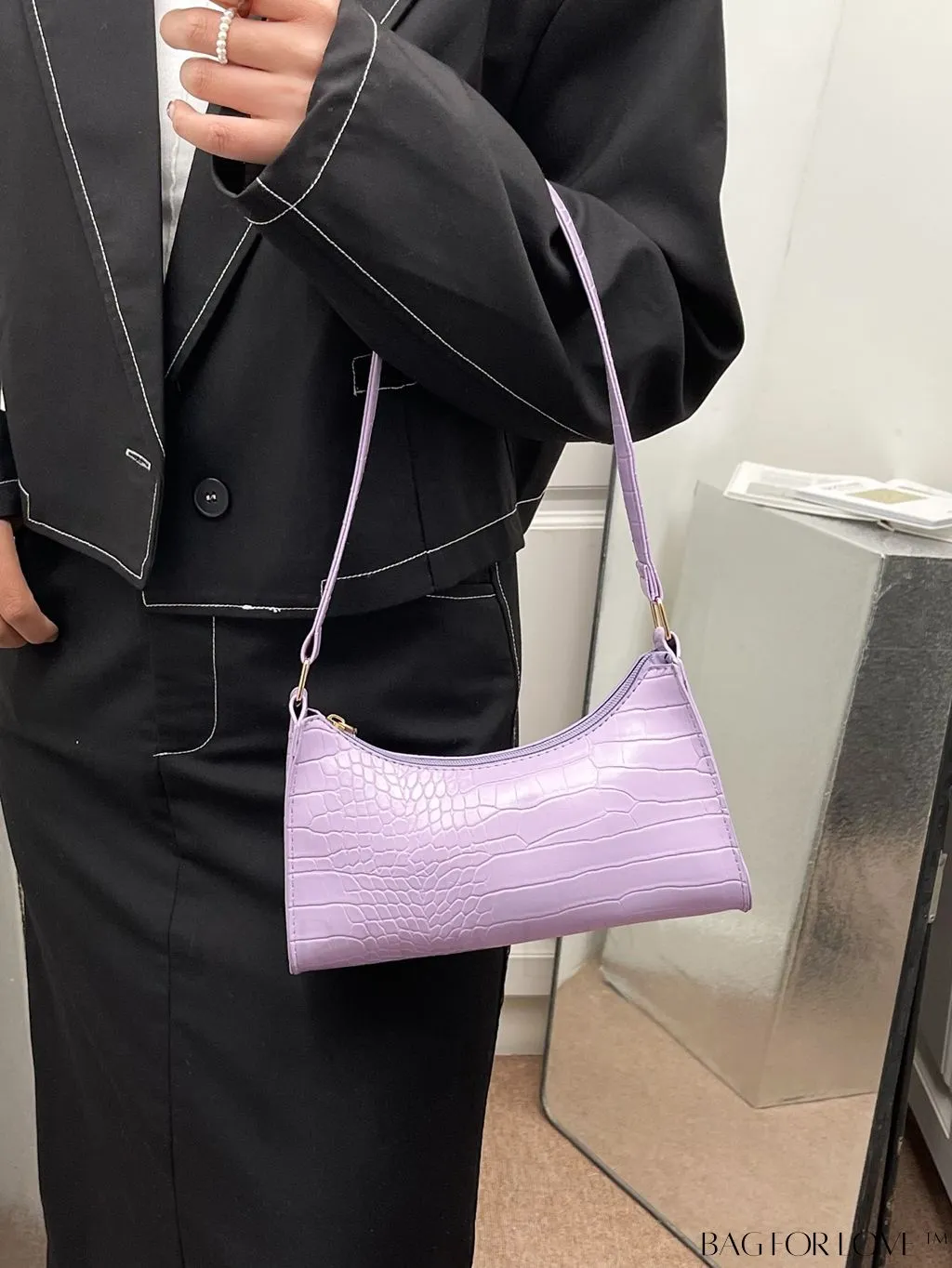 BagForLove - Crocodile-Embossed Khaki Baguette: Sleek and Compact Design