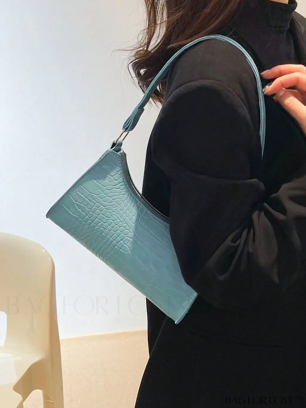 BagForLove - Crocodile-Embossed Khaki Baguette: Sleek and Compact Design