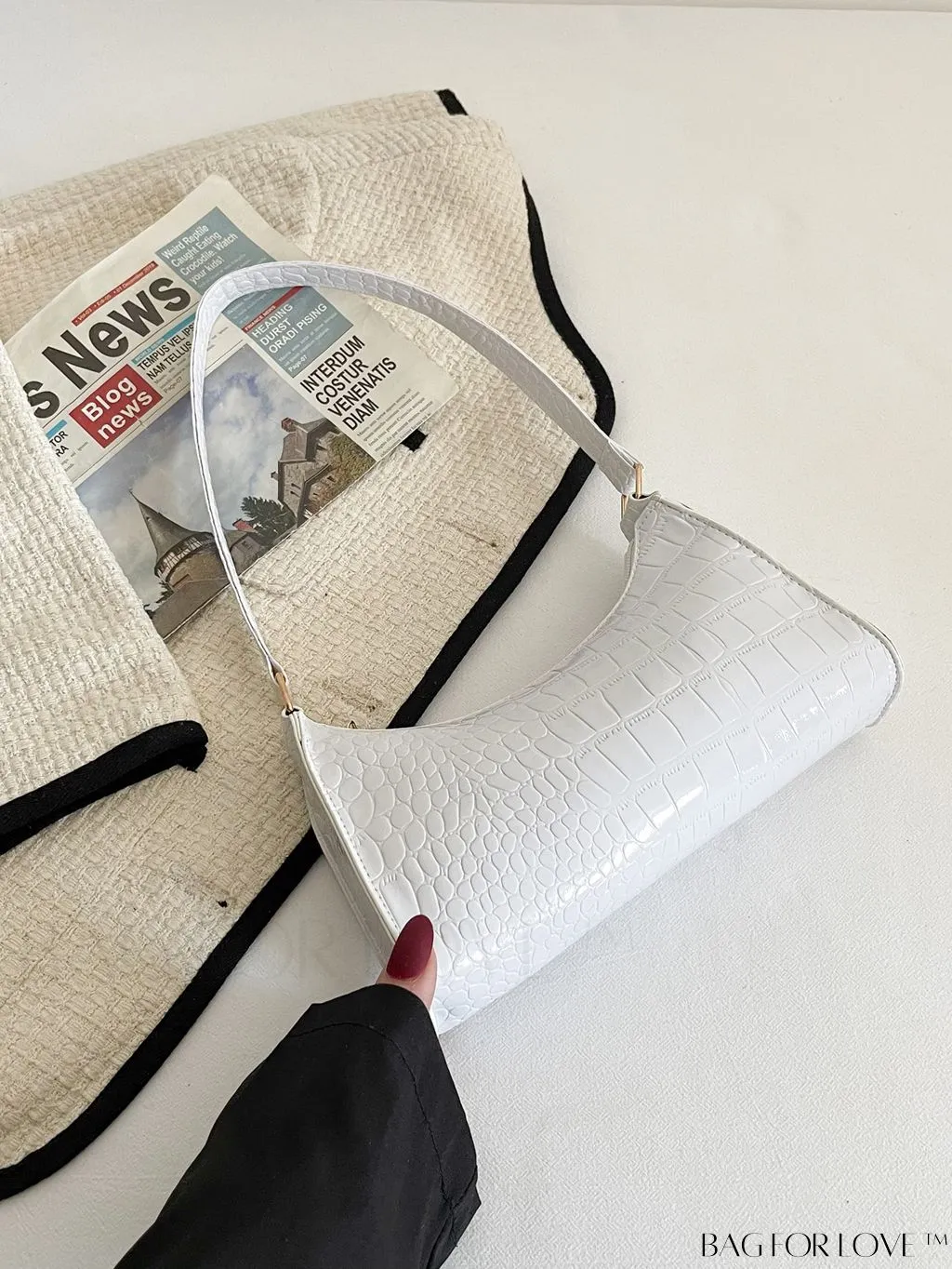 BagForLove - Crocodile-Embossed Khaki Baguette: Sleek and Compact Design